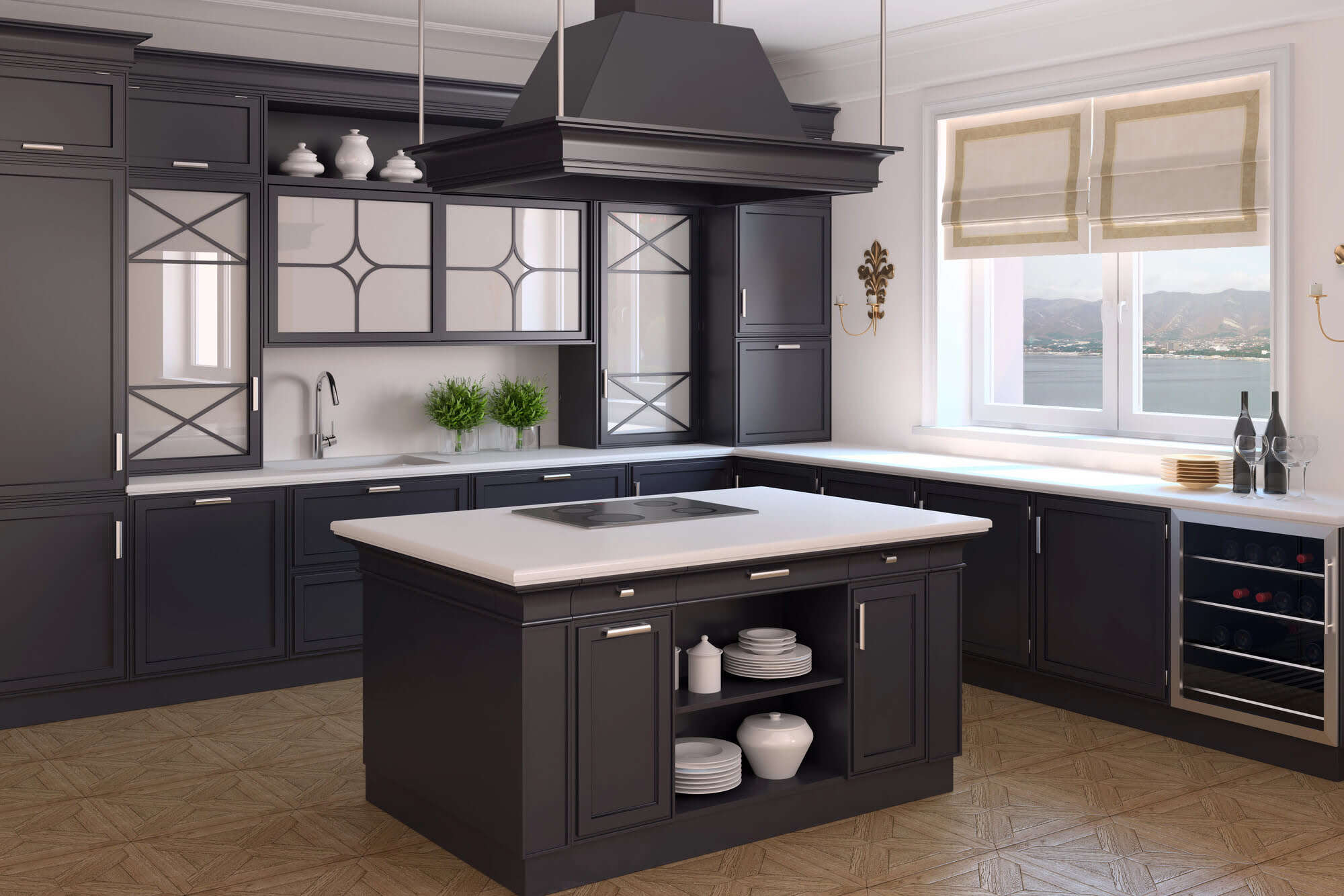 Schwarze Küche mit weißer Arbeitsfläche